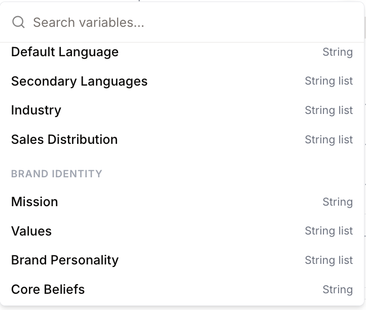 Variable menu Brand identity section with String and String list types
