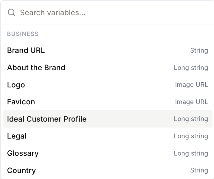 Variable menu Business section with String Long string and Image URL types