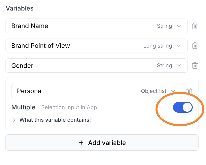 Persona variable type Object list with Multiple toggle on