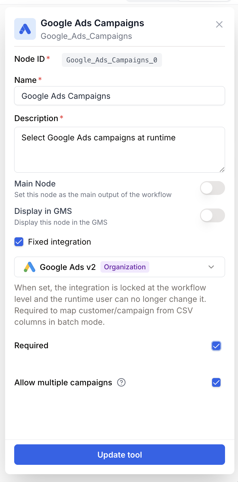 google ads campaigns node settings panel