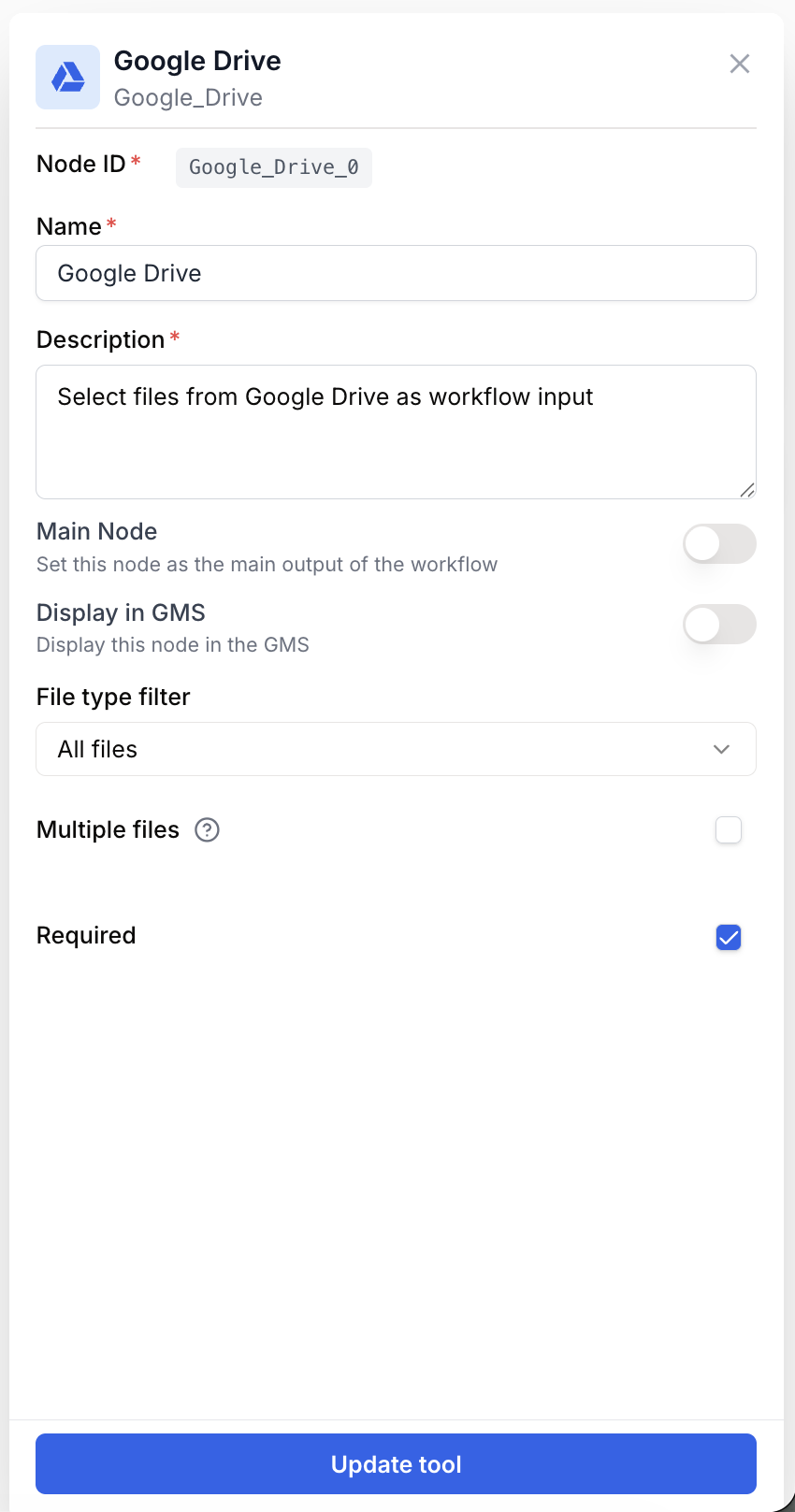 google drive node settings panel