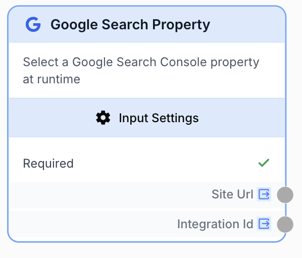 input output google search property node on the workflow canvas