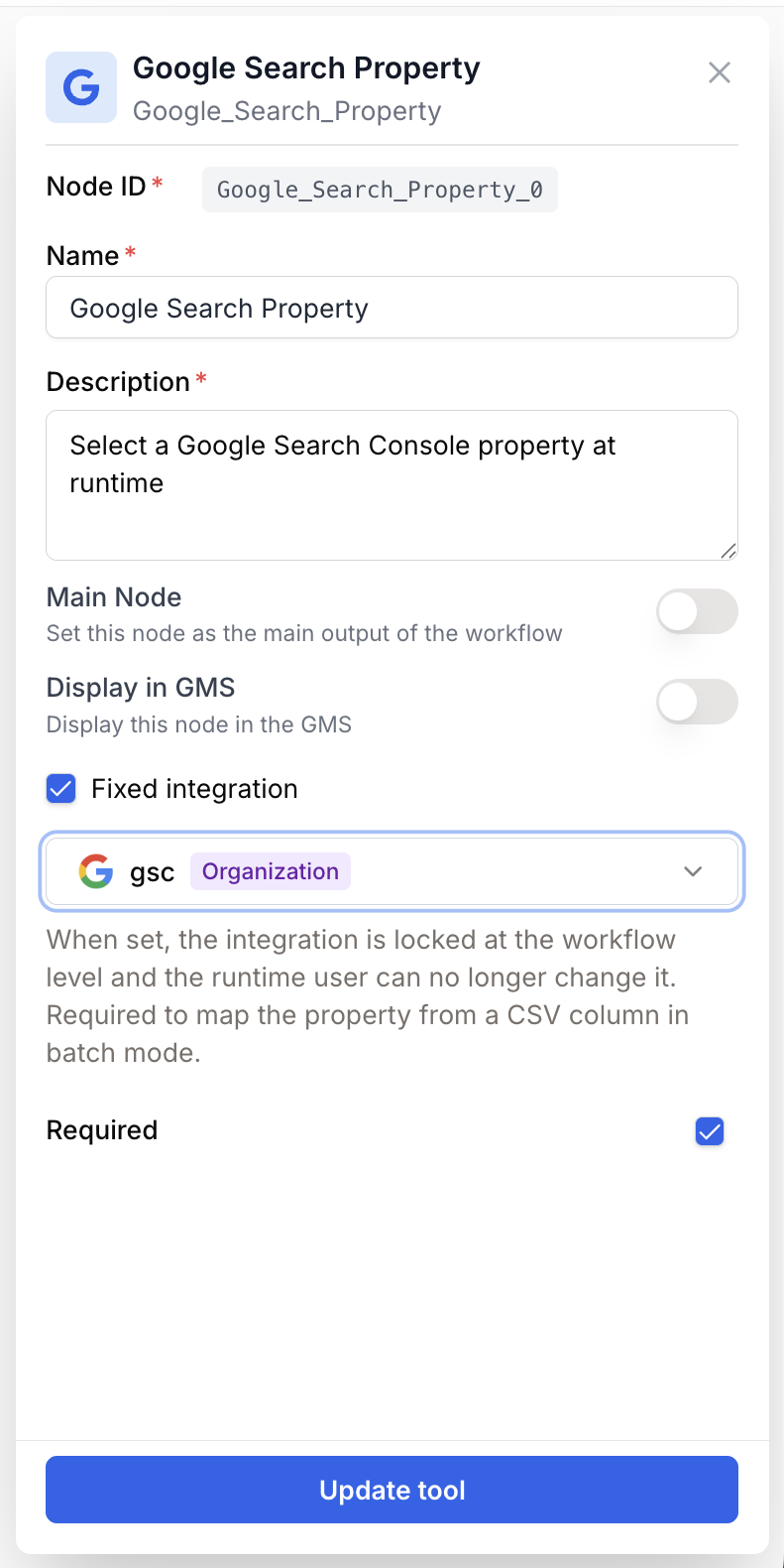 google search property node settings panel