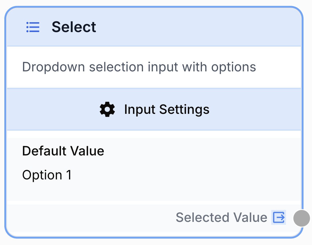 Node Select avec liste déroulante sur le canevas pour choix utilisateur lancement