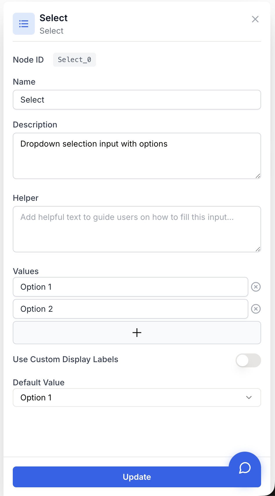 Paramètres Select tableau options valeur par défaut et affichage champ