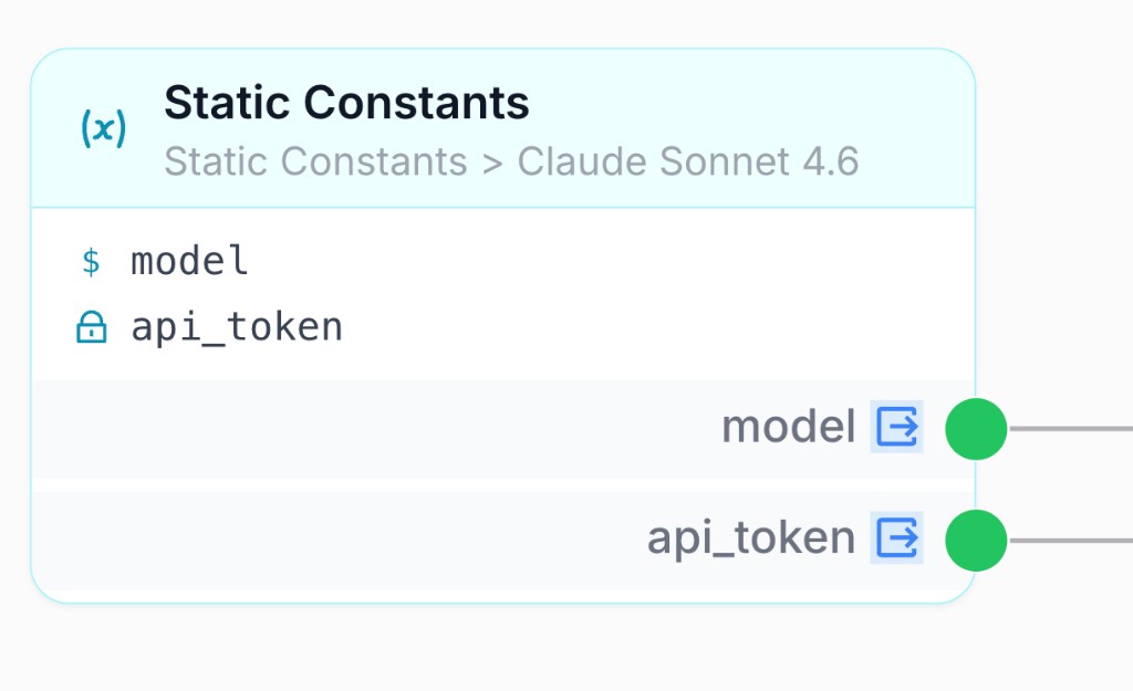 Static Constants node on canvas with model and api_token output ports