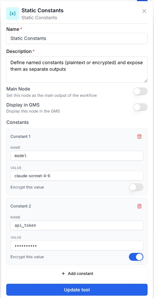 Static Constants settings with model in plaintext and encrypted api_token