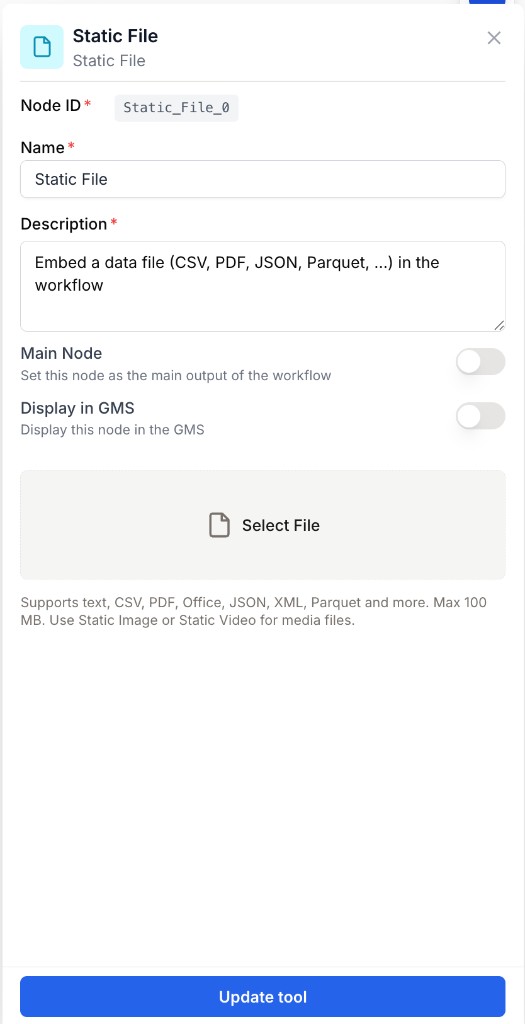 Static File settings with Select File upload area before a file is added