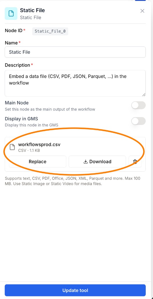 Static File settings with uploaded workflowsprod.csv file and Replace Download Delete actions