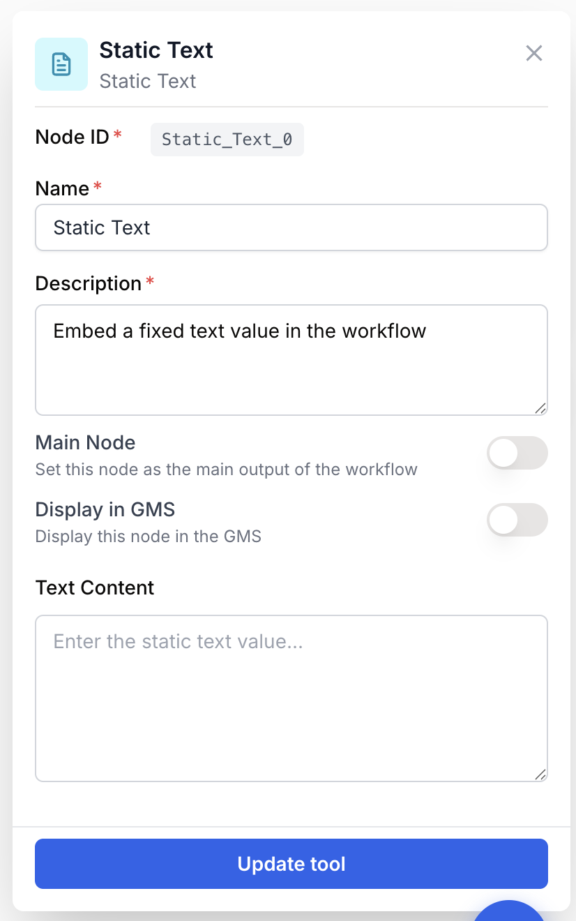 Zone Text Content et identité Static Text fixes sans saisie runtime utilisateur