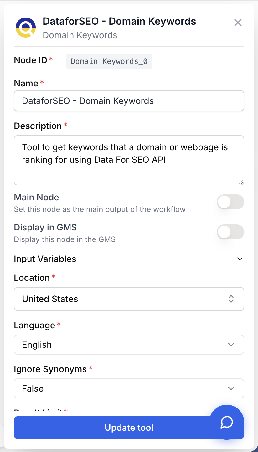 Paramètres DataForSEO credentials locale profondeur filtres quotas API française domaine
