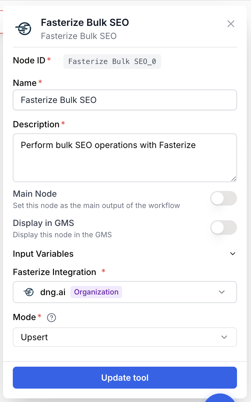 Paramètres Bulk SEO Fasterize lots URLs concurrence filet sécurité API française staging