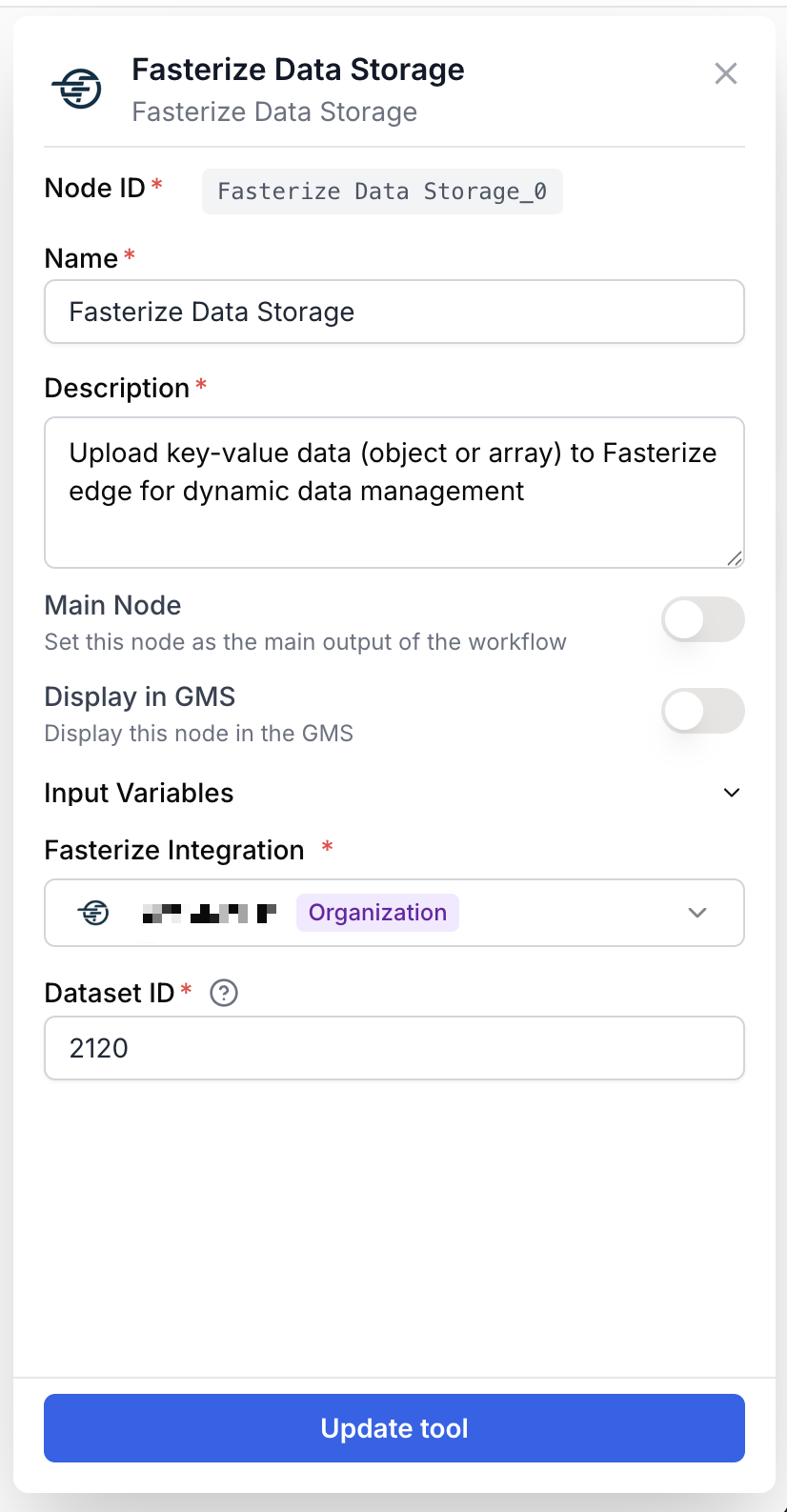 data storage node settings panel