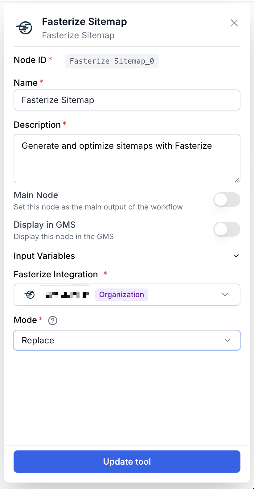 sitemap node settings panel