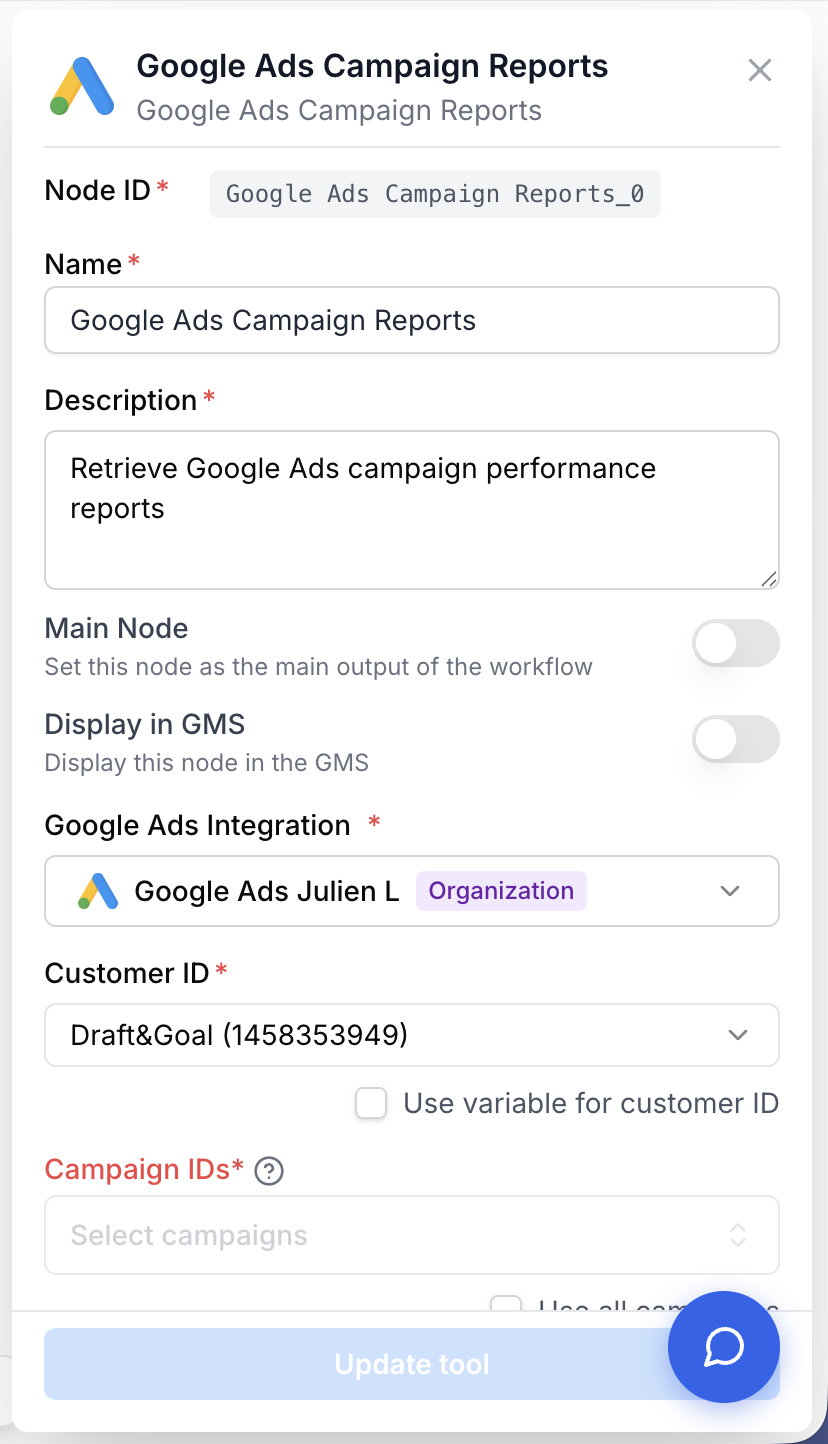 Paramètres Google Ads customer ID filtres KPI périodes téléchargements française