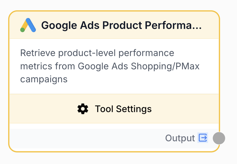 Google Ads Product Performance node on canvas with Output port