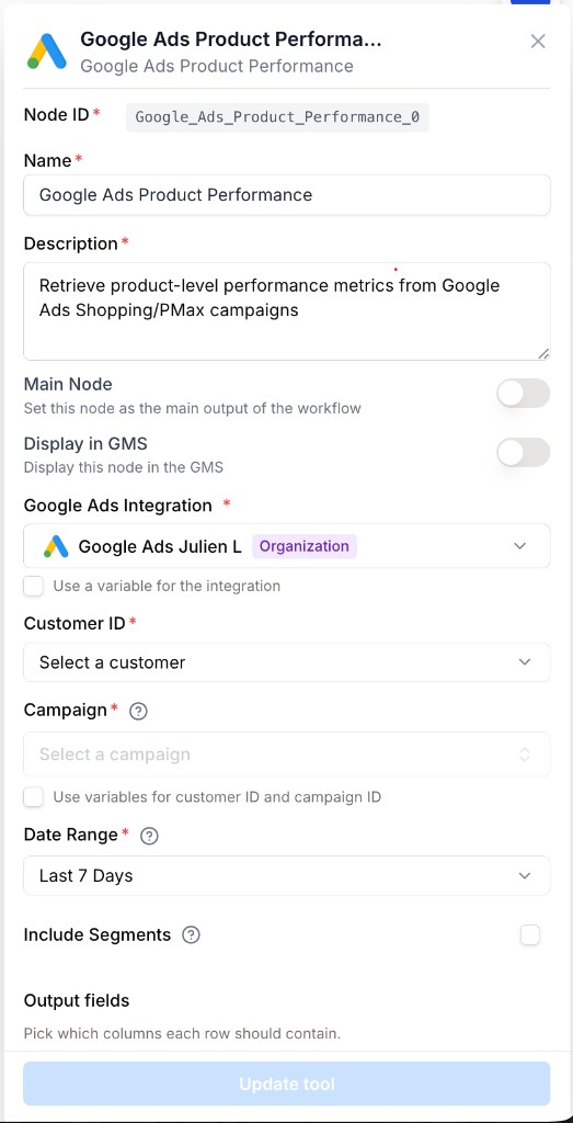 Google Ads Product Performance settings before customer and campaign are selected