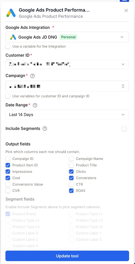 Google Ads Product Performance settings with Core Fields checked and Segment Fields greyed out
