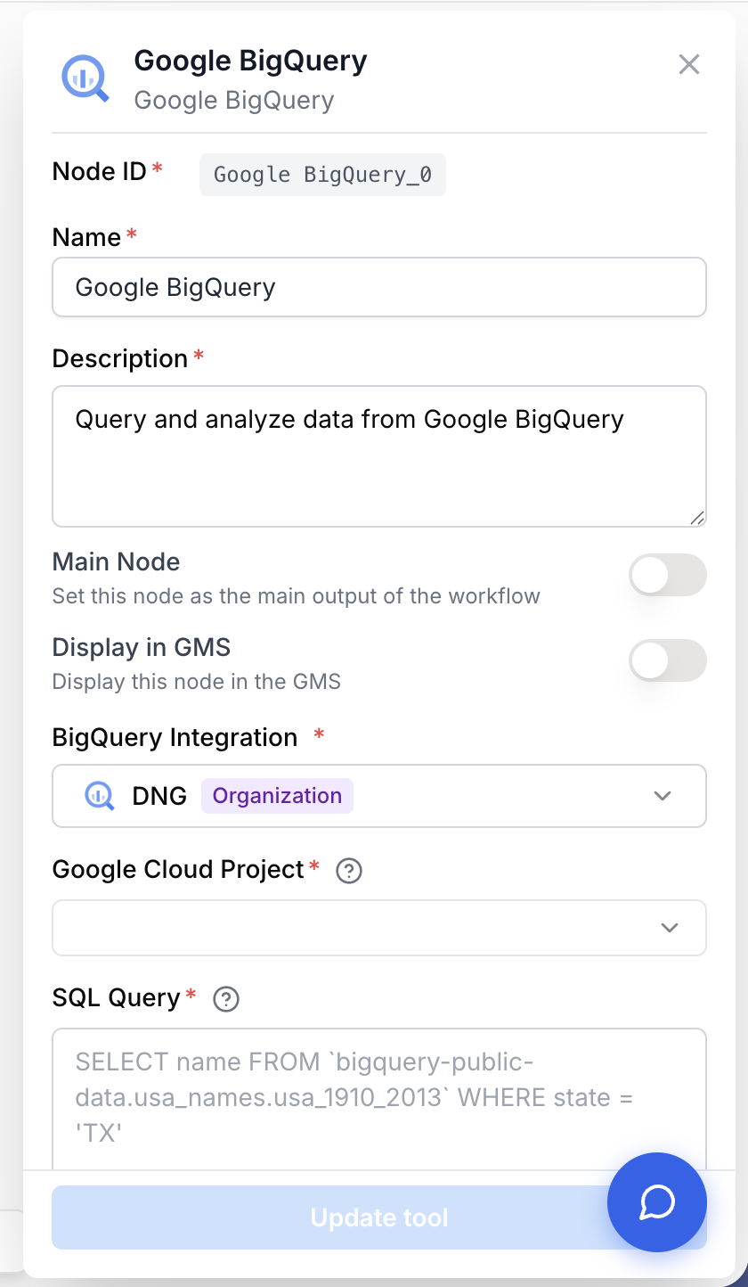 Paramètres BigQuery lecture SQL projet dataset lieu intégration google française