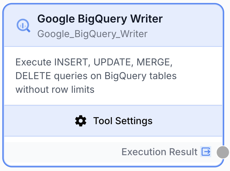 Node BigQuery Writer sur canevas insère lots workflow vers tables BigQuery cloud