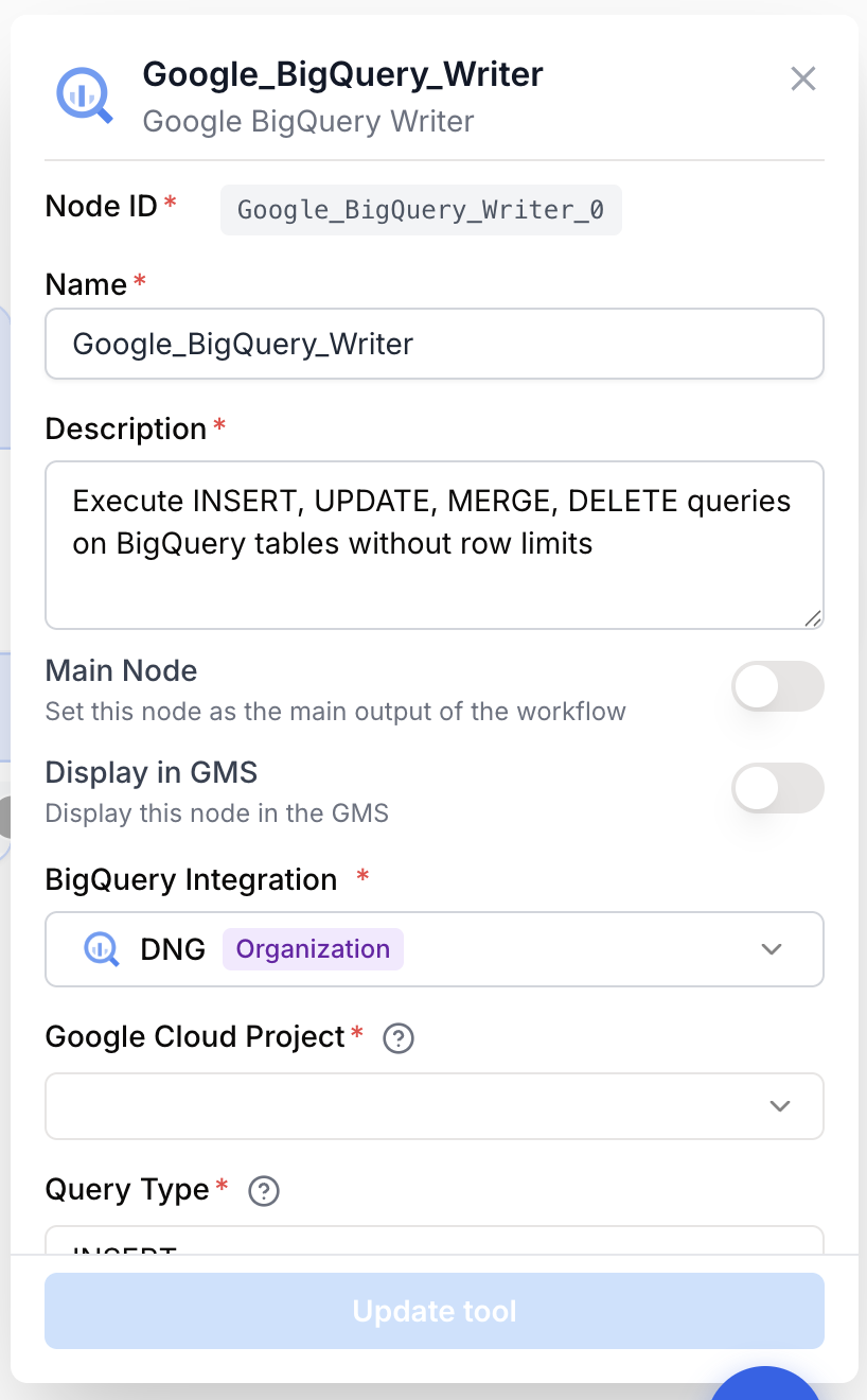 Paramètres écriture BigQuery table partitionnement stratégie upsert française cloud