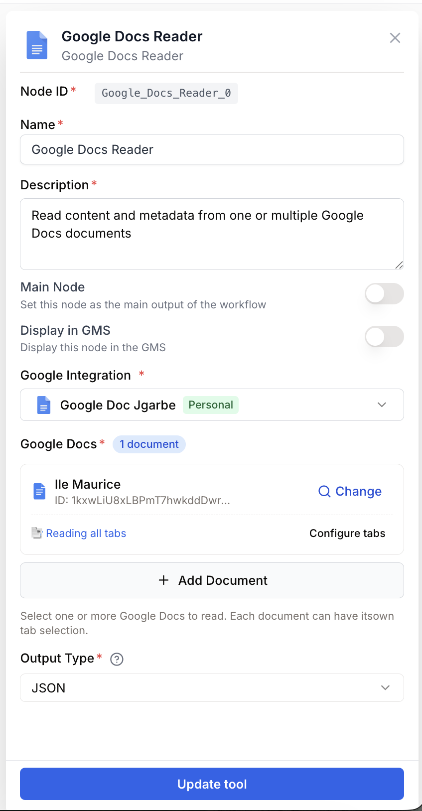 Google Docs Reader output format and tab options example