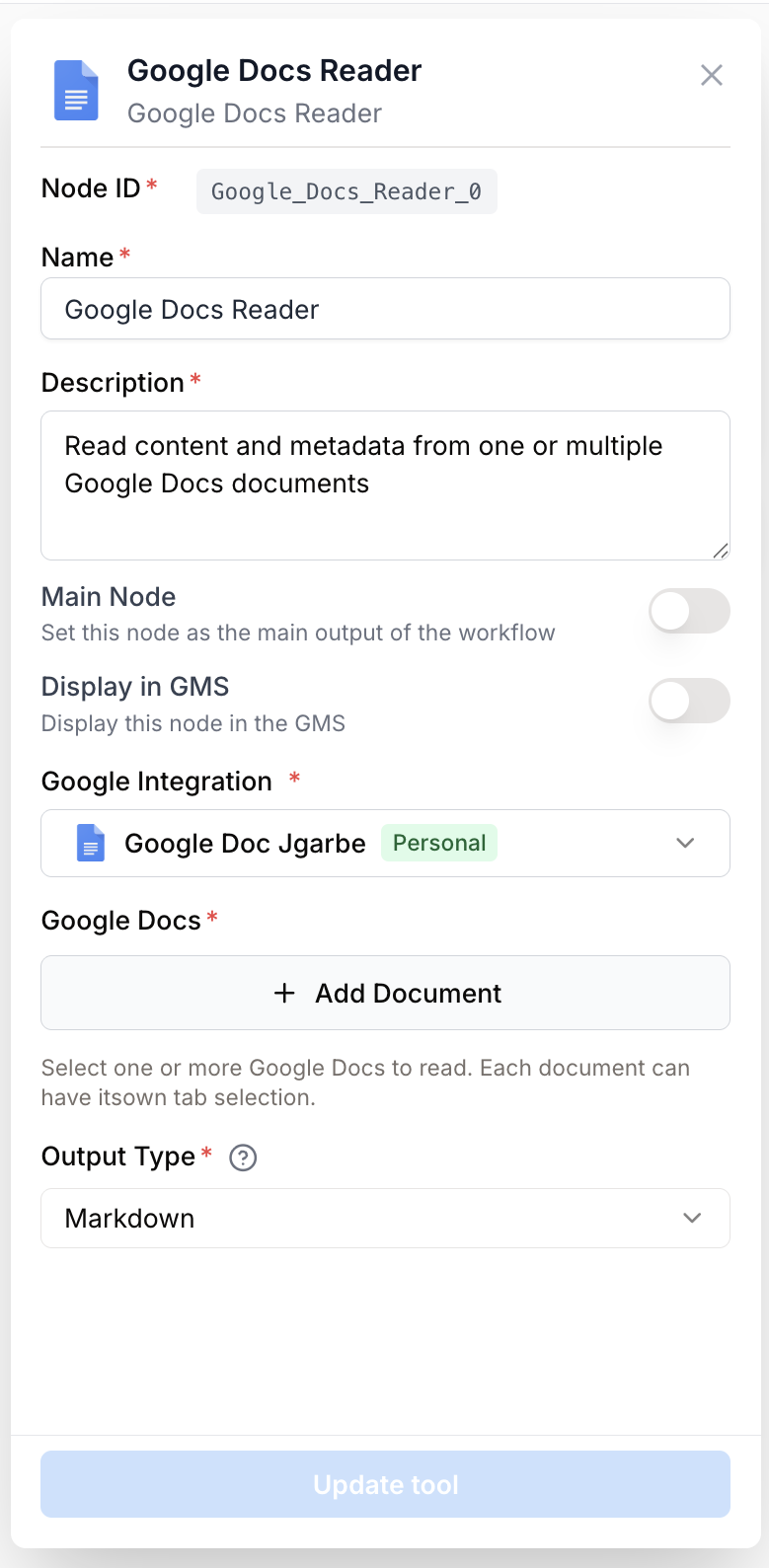 docs reader node settings panel