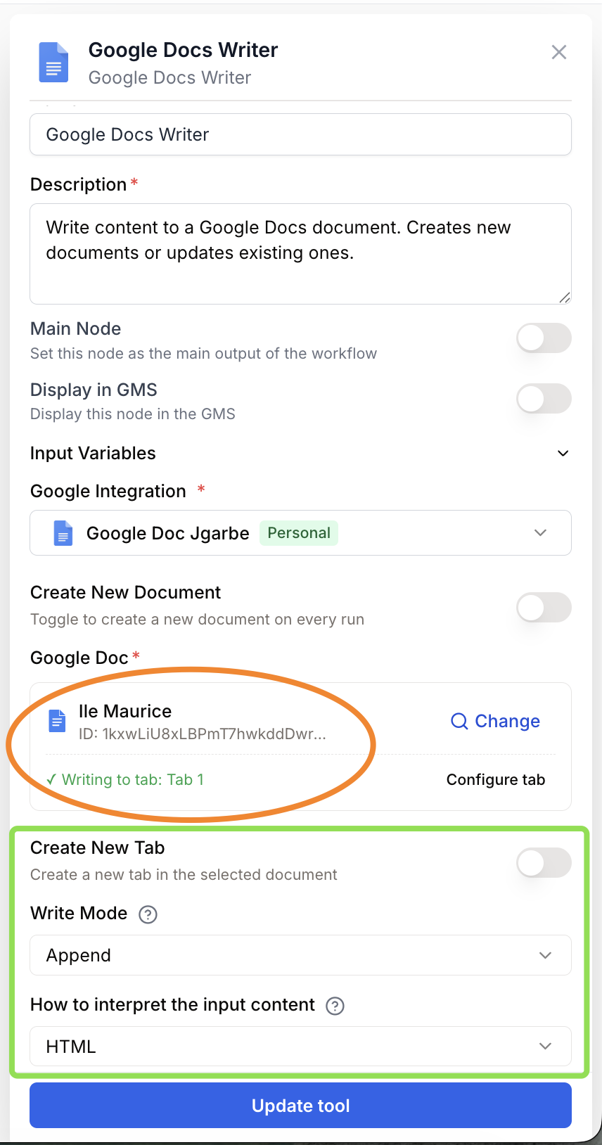Google Docs Writer document targeting and content options example