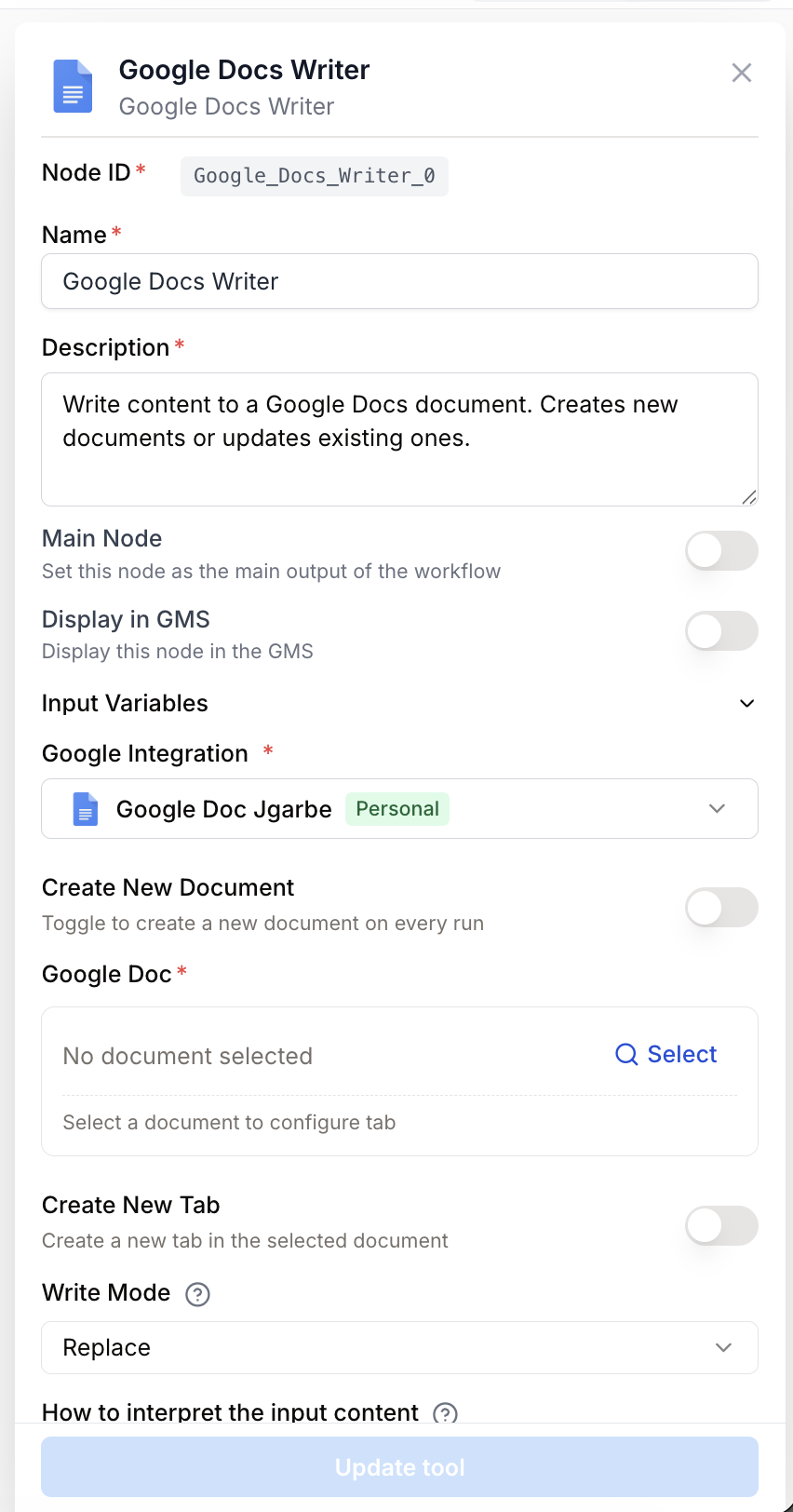 docs writer node settings panel
