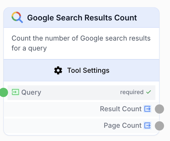google google result count node on the workflow canvas
