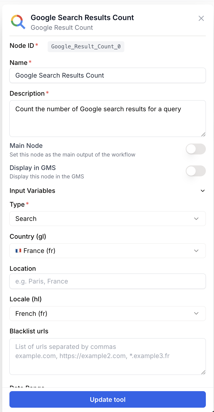 google result count node settings panel