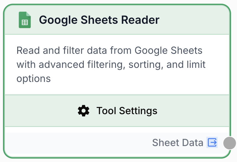 Node Google Sheets Reader sur le canevas relié lecture tableur Workspace