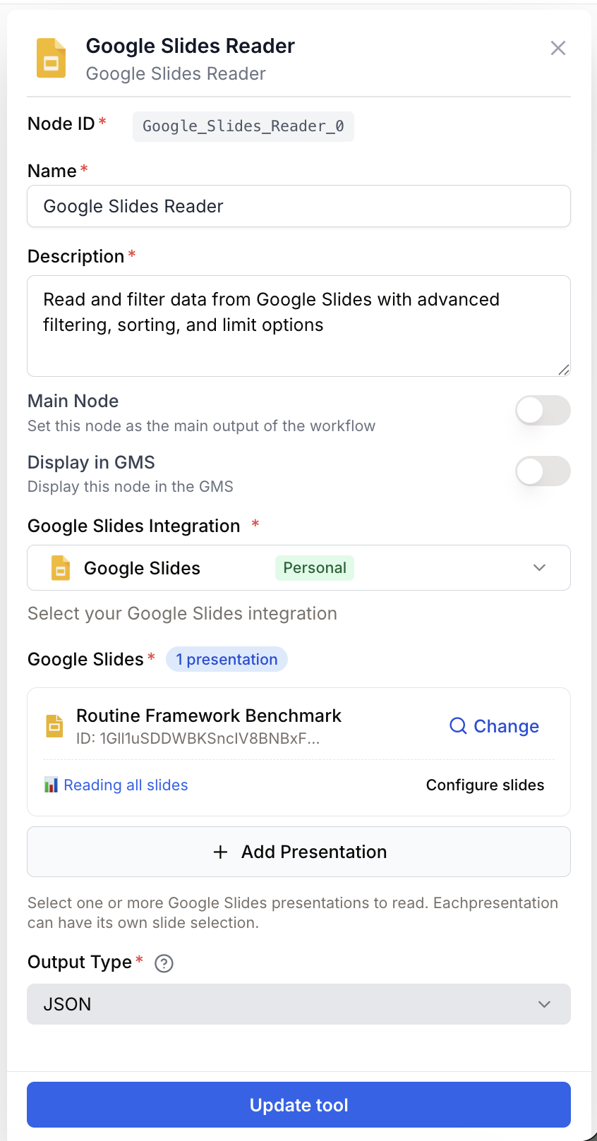 Google Slides Reader node settings panel