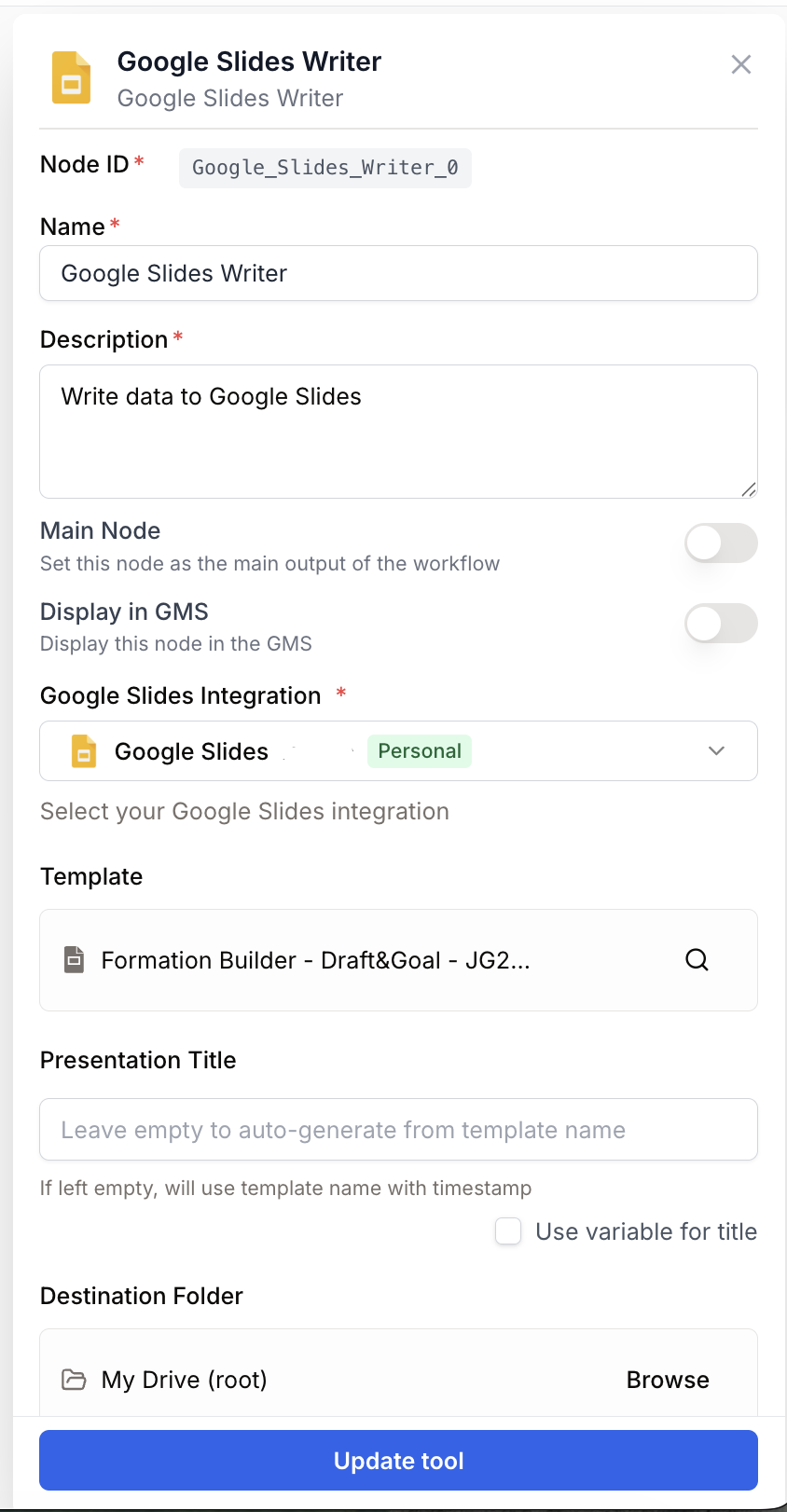Google Slides Writer node settings panel