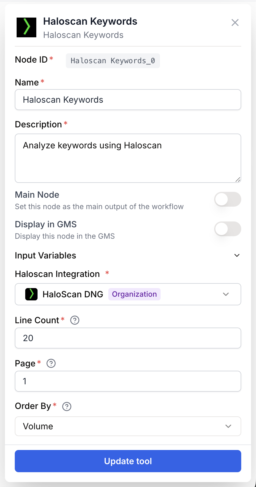 keywords node settings panel