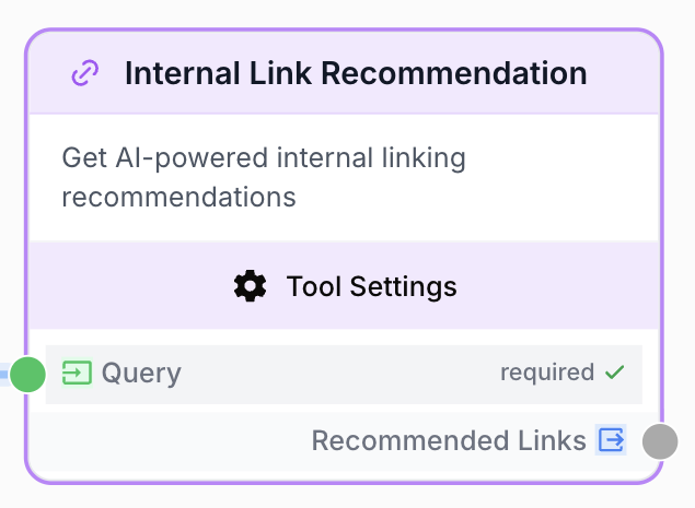 seo tools internal link recommendation node on the workflow canvas