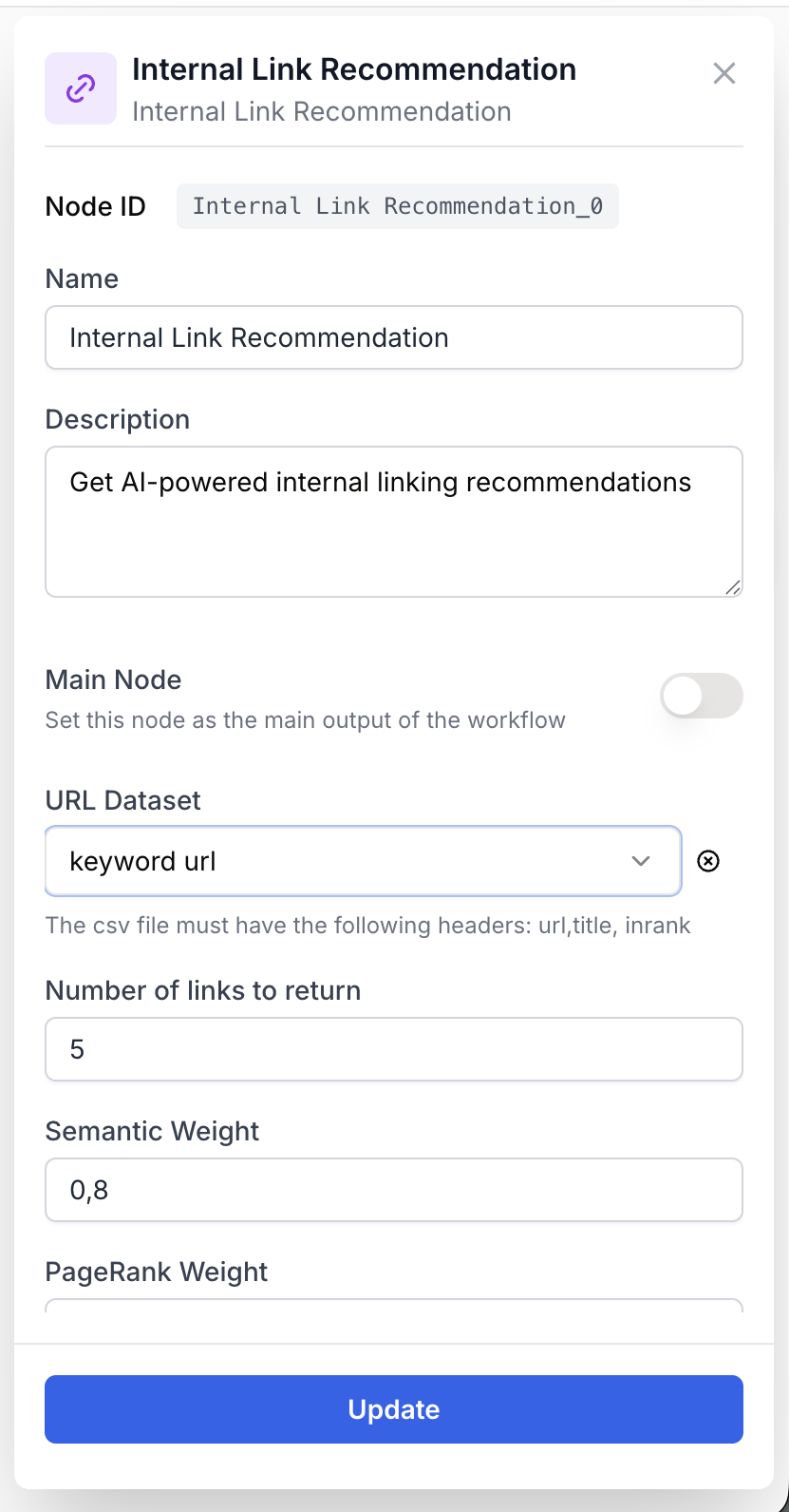 internal link recommendation node settings panel