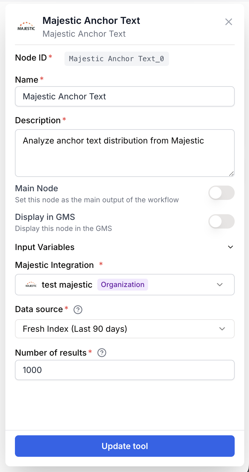 anchor text node settings panel