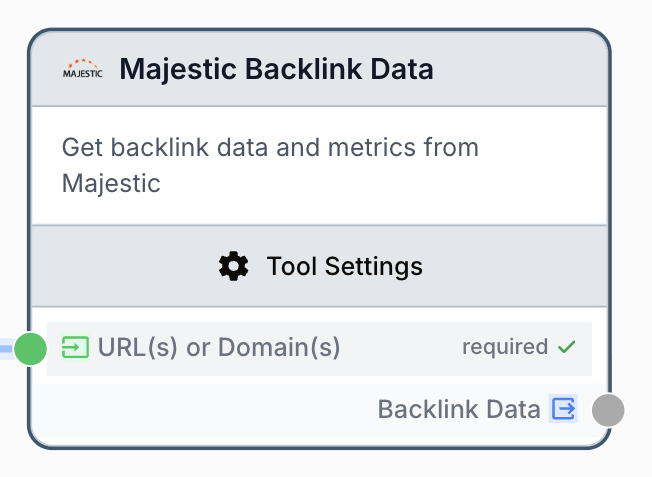 majestic backlink data node on the workflow canvas