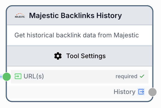 majestic backlinks history node on the workflow canvas