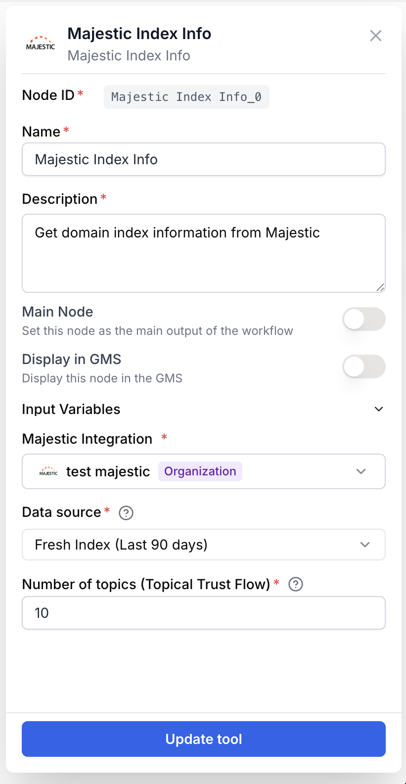 index info node settings panel