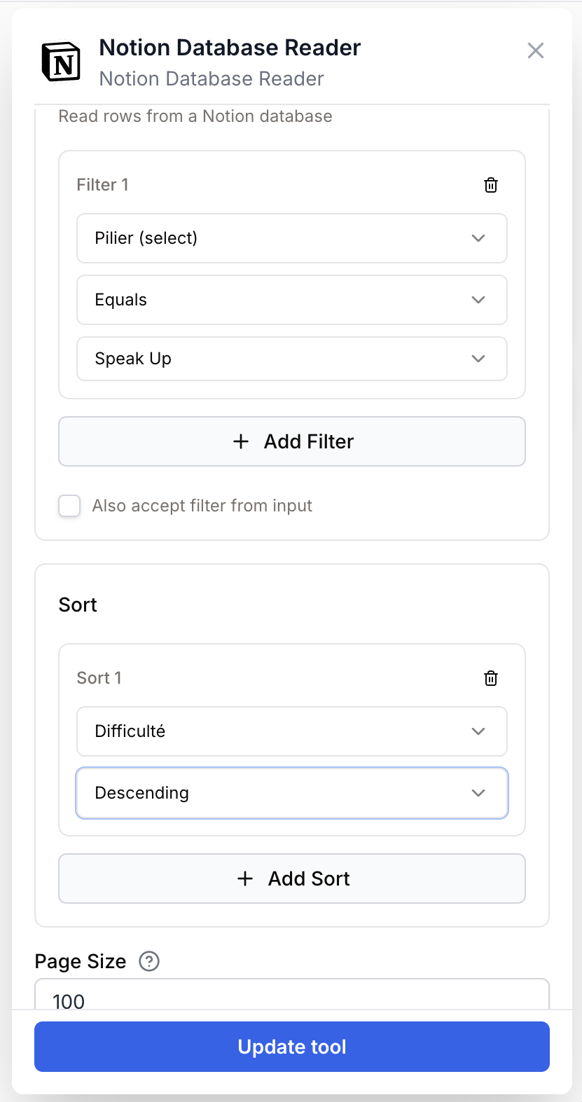 Notion Database Reader filter and sort builder example