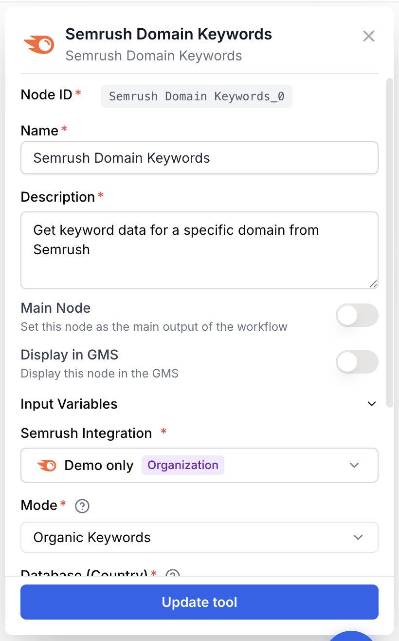 Paramètres Semrush domain keywords base locale pagination profonde analyse française