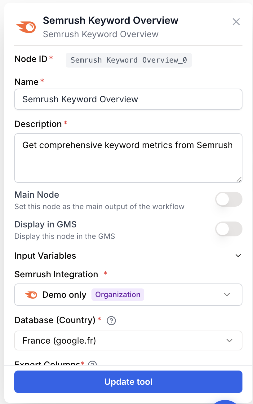 Paramètres Semrush vue mot-clé device pays fenêtre historique quotas API française