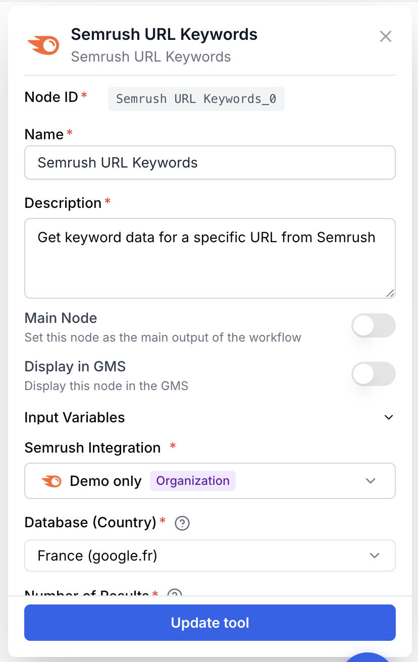 Paramètres Semrush URL mots-clés filtres clusters export quotas intégration française