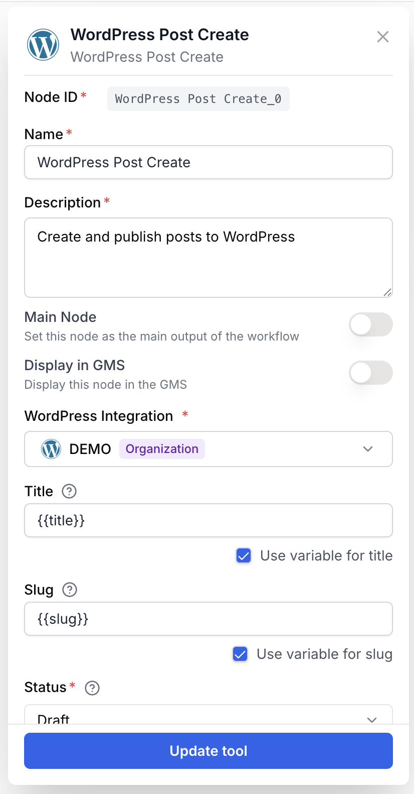 post create node settings panel
