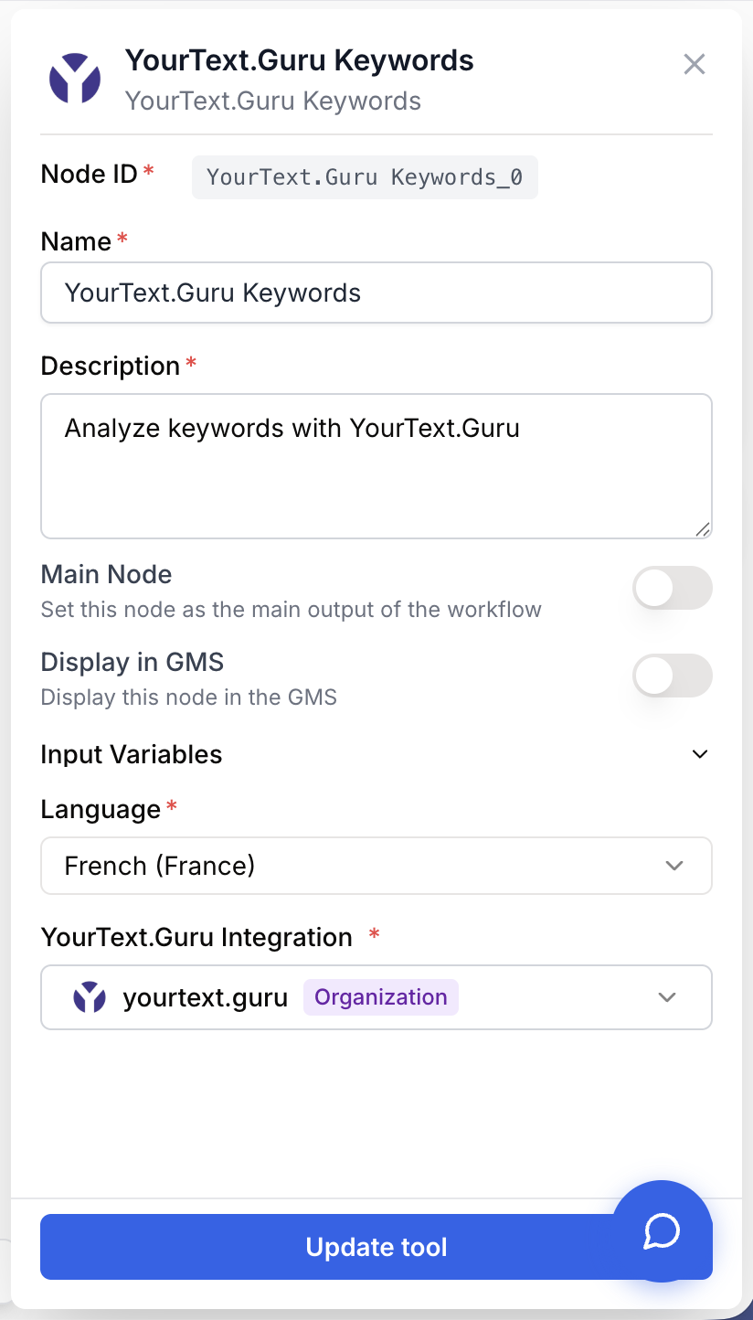 Paramètres YourText Guru mots-clés tonalité grilles analyse sémantique française OAuth