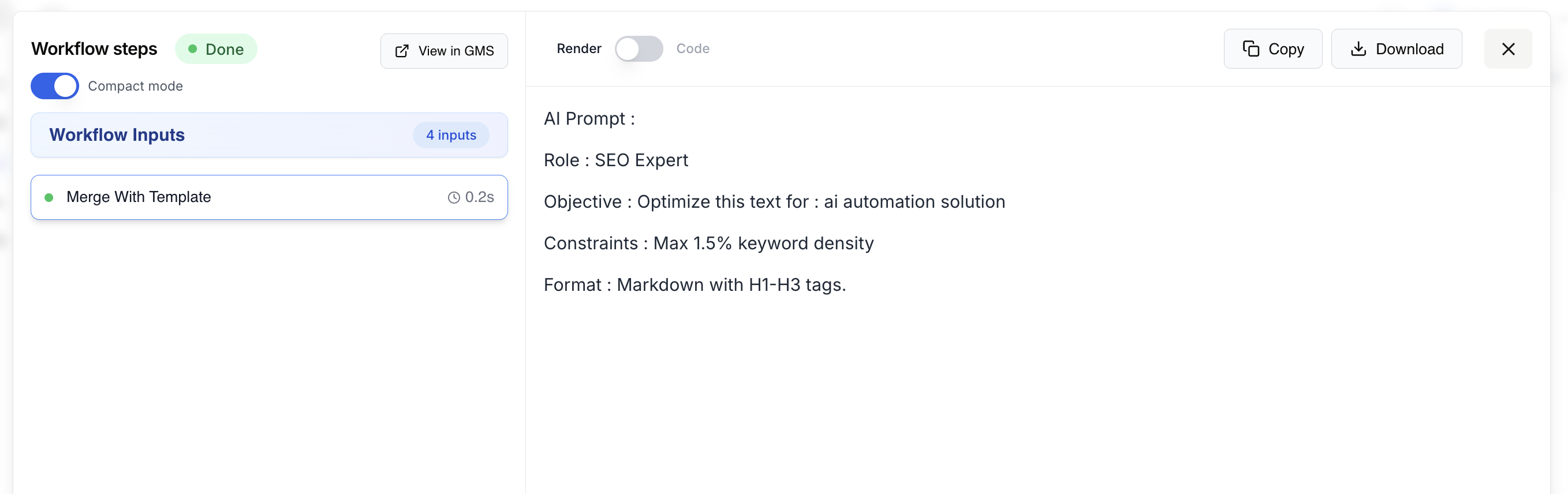 Execution screen showing the final merge result with variables replaced by the actual text