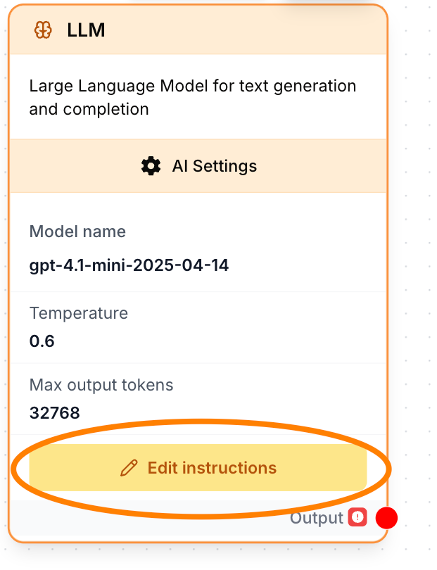 Node LLM sur le canvas avec le bouton Edit Instructions en surbrillance