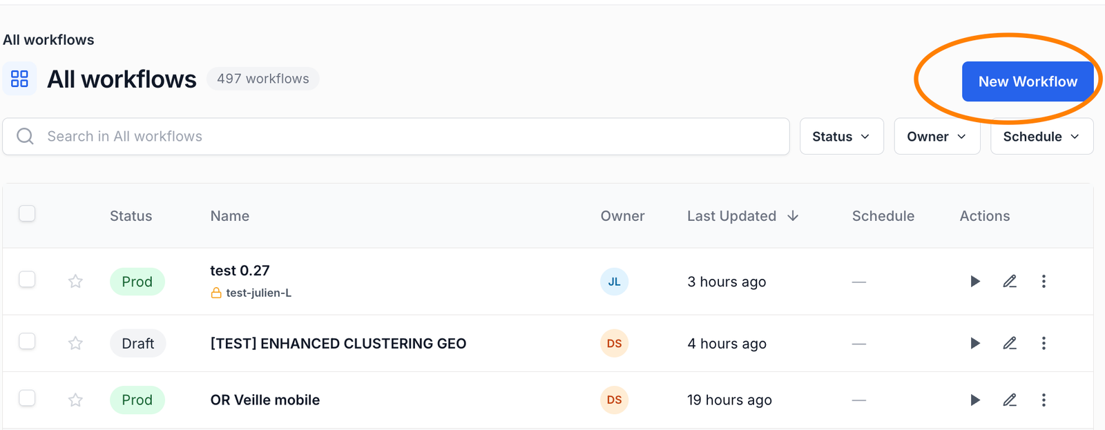 Liste des workflows avec le bouton New Workflow en surbrillance